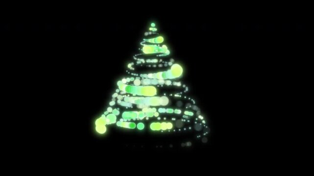 Glowing green particle lights swirl Christmas tree shape on transparent background banner design