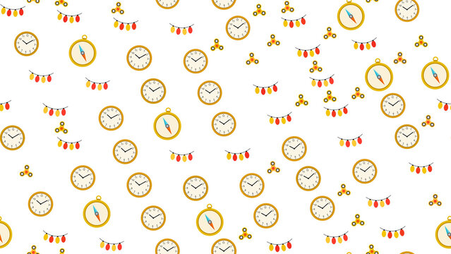 Seamless pattern of clocks, compasses, fidget spinners, and string