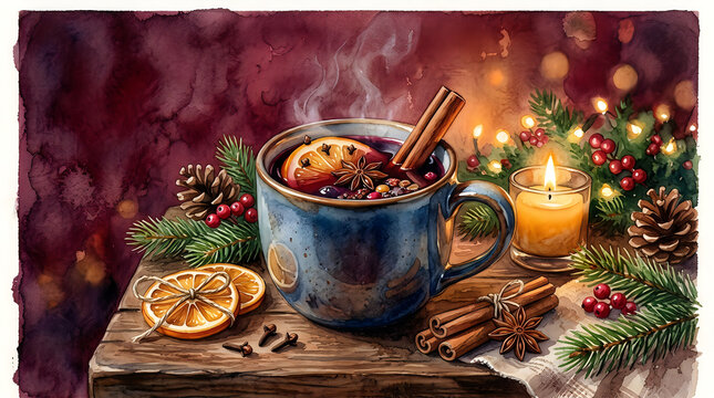 Hot mulled wine in a rustic mug with cinnamon orange slices and christmas decorations on wood