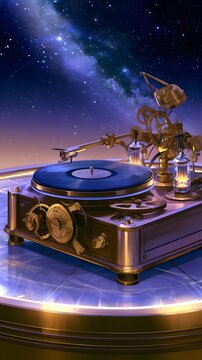 Retro vinyl record player with brass gears and vacuum tubes