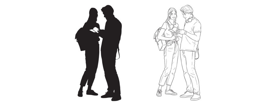 Couple standing together looking at phone silhouette and outline