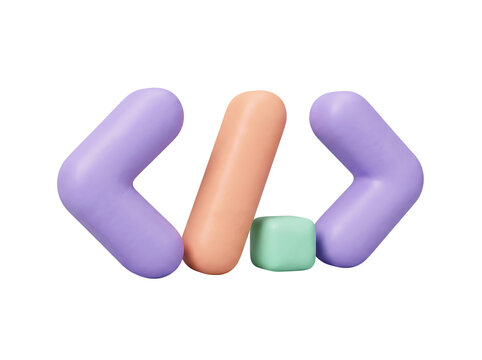 Lavender Code Brackets with Peach Slash and Mint Cursor 3D Clay Icon PNG Transparent Background