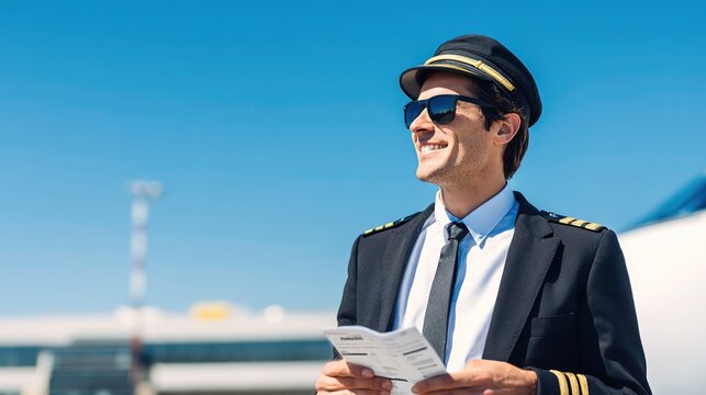 Pilot in uniform smiling near airplane, holding flight itinerary, clear blue sky, professional aviation concept, travel and aviation industry