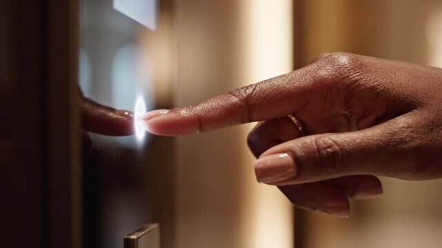 Finger touches illuminated glass panel as a screen responds. Touchscreen interaction. Smart home technology and digital interface. Close-up of touch control.