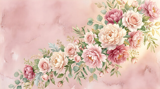 Beautiful watercolor rose flower bouquet frame with soft pink and peach colors