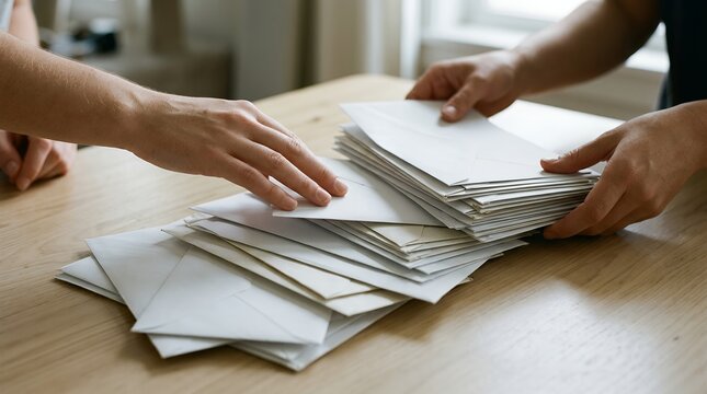 Hands exchanging a large stack of white envelopes, a pile of mail for business communication or personal correspondence, administrative tasks, and postal services.