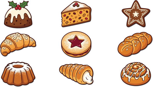 A collection of various baked goods for christmas including traditional pudding fruit cake gingerbread star and sweet pastries with icing