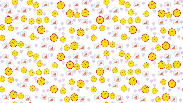 Seamless pattern of yellow clocks and scale icons