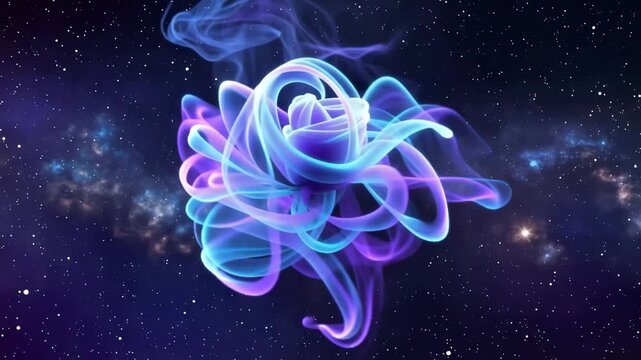 Glowing blue and purple ribbons continuously twist and swirl into an abstract floating form against a star filled cosmic background, creating colorful digital motion graphics
