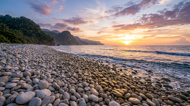 Golden sunset over a tropical pebble beach with gentle waves and forested coastal hills