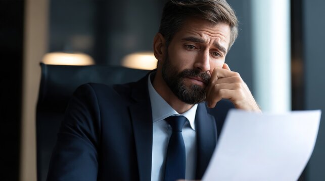 Businessman sitting at desk, concerned expression while holding document with trade tariff details, office setting, professional atmosphere, corporate environment.