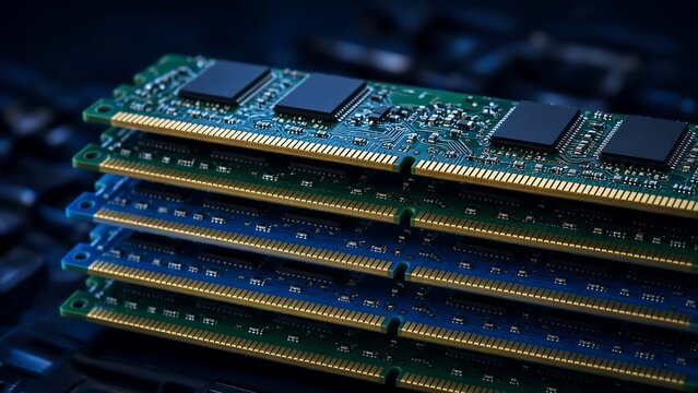 Macro Stack of RAM Memory Modules with Golden Pins for Computer Hardware