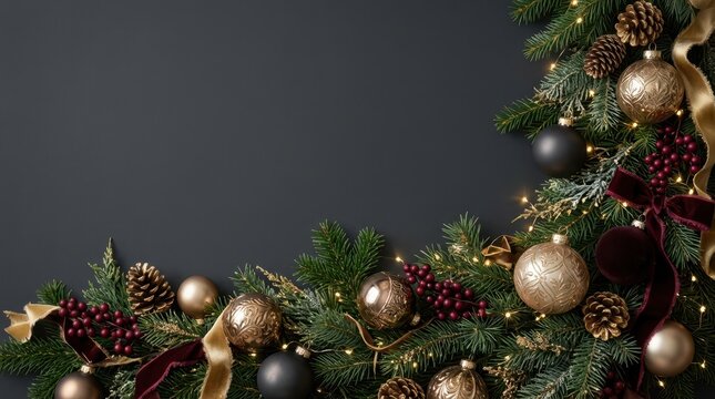 Festive Christmas holiday background featuring a corner garland arrangement of green pine branches adorned with gold and matte black baubles, pinecones, burgundy velvet ribbons, and warm fai