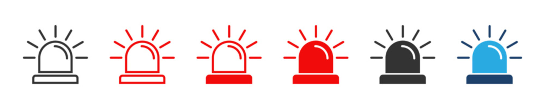 Emergency siren and alarm flasher light symbols collection in solid and linear design for alert notification and danger guard, vector graphic