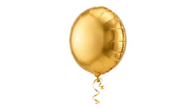 Shiny gold metallic balloon with smooth reflective foil surface, rounded inflated shape and a delicate curling ribbon attached at the base, photorealistic product photography, three-quarter view,