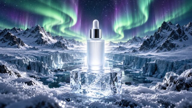 Cosmetic serum bottle resting on an ice block in a snowy arctic landscape with frosted glass dropper