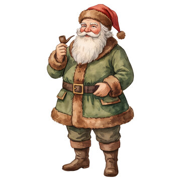 Green Santa Claus isolated cutout smiling on transparent background. Old style watercolor painting. Generative Ai