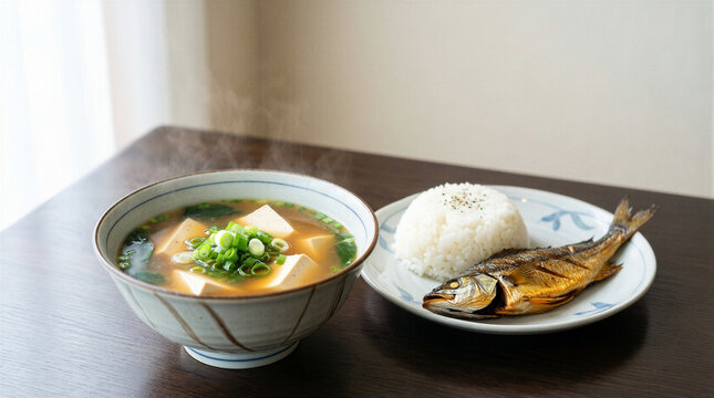 Steaming miso soup with tofu and green onions beside rice and grilled