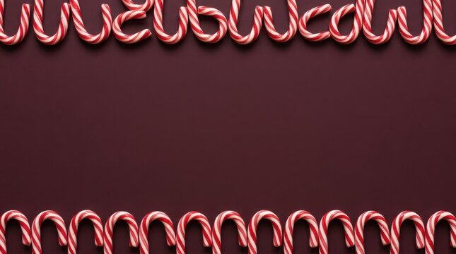 Festive winter holiday background featuring symmetrical top and bottom borders made of red and white striped candy canes against a solid dark brown surface with central negative space