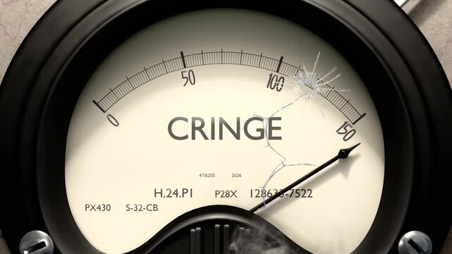 Cringe meter showing big levels of cringe. Dangerously increasing high values of cringe, critical overload. Too much, off the charts. Max cringe