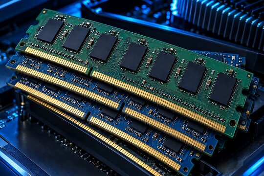 Macro Stack of RAM Memory Modules with Golden Pins for Computer Hardware