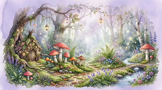 Magical fairy house in a mystical forest with mushrooms and glowing lights