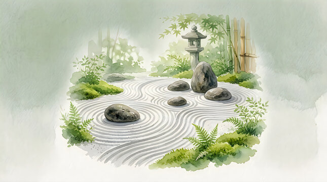Zen garden with stone lantern and raked sand surrounded by green plants