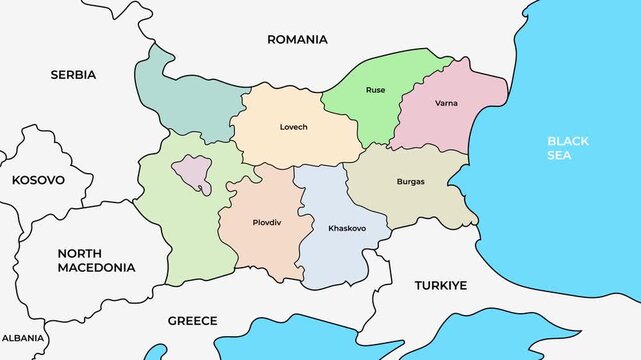 Bulgaria map with provinces and municipalities, Eastern Europe country borders animation on white background