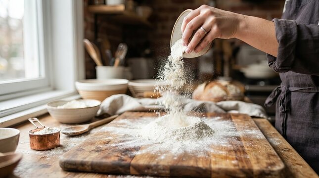Woman Pouring All Purpose Baking Wheat Flour From A Handmade Ceramic Small Bowl Onto Wooden Board