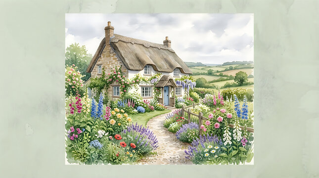 Beautiful traditional english cottage with a colorful blooming garden in the countryside