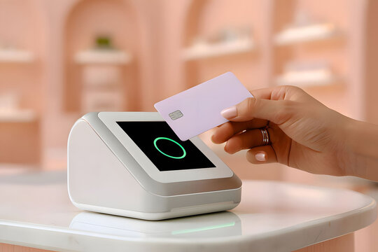 Creative corporate fintech commerce concept backdrop with elegant matte plastic card template over wireless pos machine.