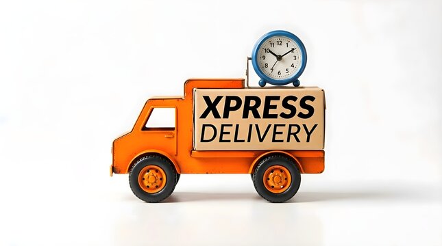 Fast and timely delivery photo featuring an orange toy truck carrying an Xpress Delivery box and a blue alarm clock on top, isolated on a white background for shipping concepts.