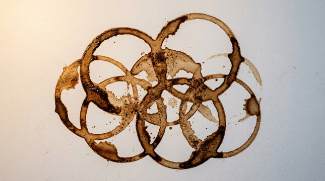 A series of interconnected coffee cup rings forming an abstract pattern on a white surface