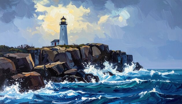 Textured impasto oil painting of a solitary lighthouse on a rugged cliff during a stormy dusk with crashing waves