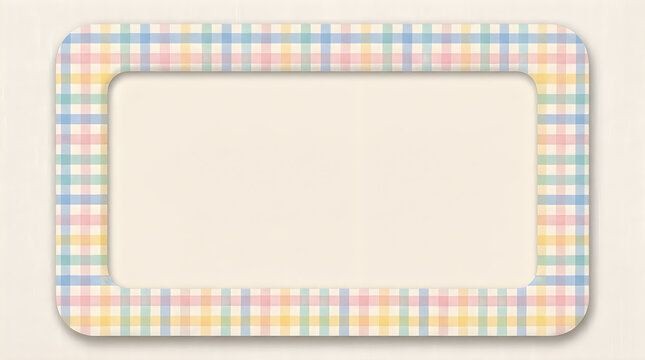 Empty rectangular frame with colorful pastel plaid pattern border isolated on white background