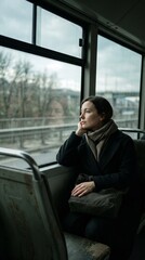 Naklejka premium A pensive young woman looks out the bus window during a trip; a passenger, lost in thought, travels on public transport—a minimalist travel concept.