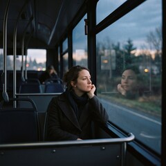 Naklejka premium A pensive young woman looks out the bus window during a trip; a passenger, lost in thought, travels on public transport—a minimalist travel concept.