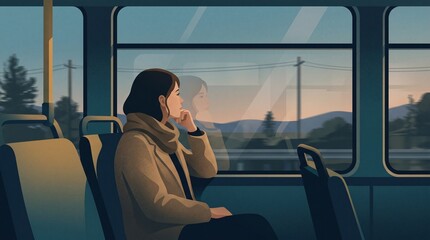 Naklejka premium A pensive young woman looks out the bus window during a trip; a passenger, lost in thought, travels on public transport—a minimalist travel concept.