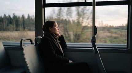 Naklejka premium A pensive young woman looks out the bus window during a trip; a passenger, lost in thought, travels on public transport—a minimalist travel concept.
