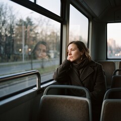 Naklejka premium A pensive young woman looks out the bus window during a trip; a passenger, lost in thought, travels on public transport—a minimalist travel concept.