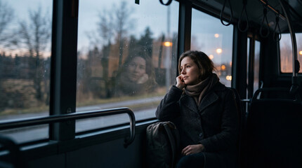 Naklejka premium A pensive young woman looks out the bus window during a trip; a passenger, lost in thought, travels on public transport—a minimalist travel concept.