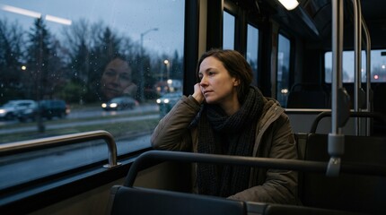 Naklejka premium A pensive young woman looks out the bus window during a trip; a passenger, lost in thought, travels on public transport—a minimalist travel concept.