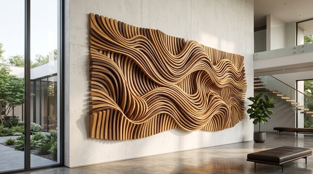 Parametric wooden wall sculpture featuring flowing curved timber slats, layered wave-like geometric elements, precision-machined oak strips, rich walnut accents, rhythmic spacing and intricate shadows