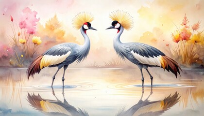 Fototapeta premium Elegant watercolor study of a pair of crowned cranes standing gracefully in shallow calm water reflecting soft pastel skies