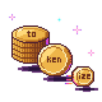 Stack of arcade tokens stamped with word pieces pixel art, 16-bit style brass coins reading to ken ize as AI tokenization concept, for game asset, sprite, sticker and retro app icon