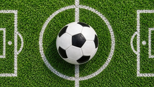 Soccer ball centered on the midfield circle of a synthetic grass field with painted green artificial