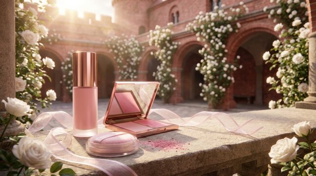 Cosmetic products arranged on a stone balcony with white roses with ledge surrounded blooming makeup