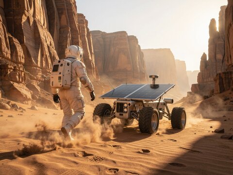 Astronaut walking alongside a solar-powered rover on a dusty alien desert landscape