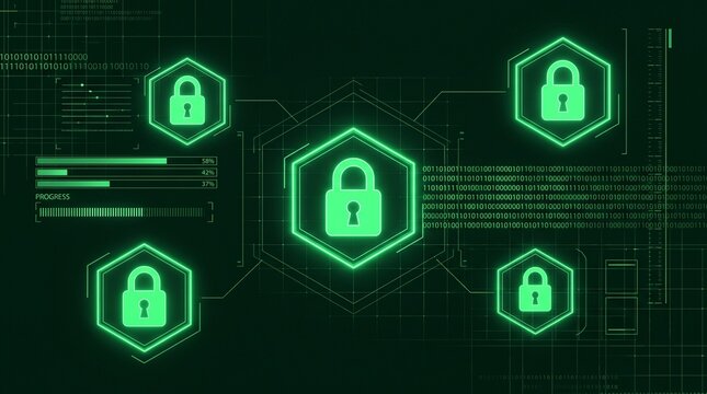 Digital cybersecurity dashboard with glowing green padlock icons with cybersecurity protocols network