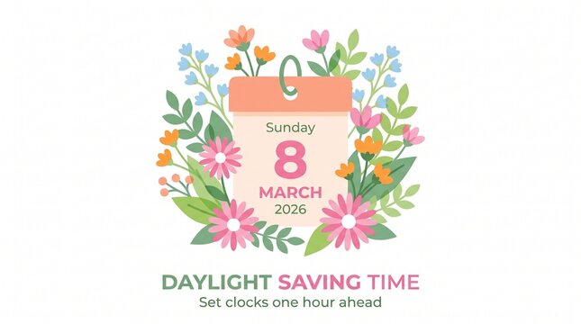 Daylight saving time calendar page surrounded by colorful flowers with framed decorative arrangement